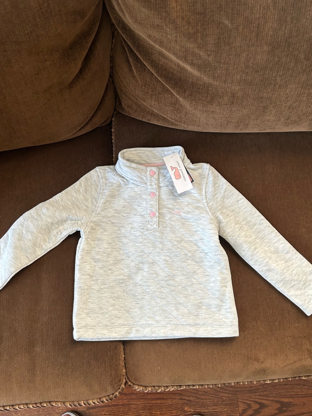 Vineyard Vines Light Gray Quilted Cowl Neck Pullover with Pink Buttons
